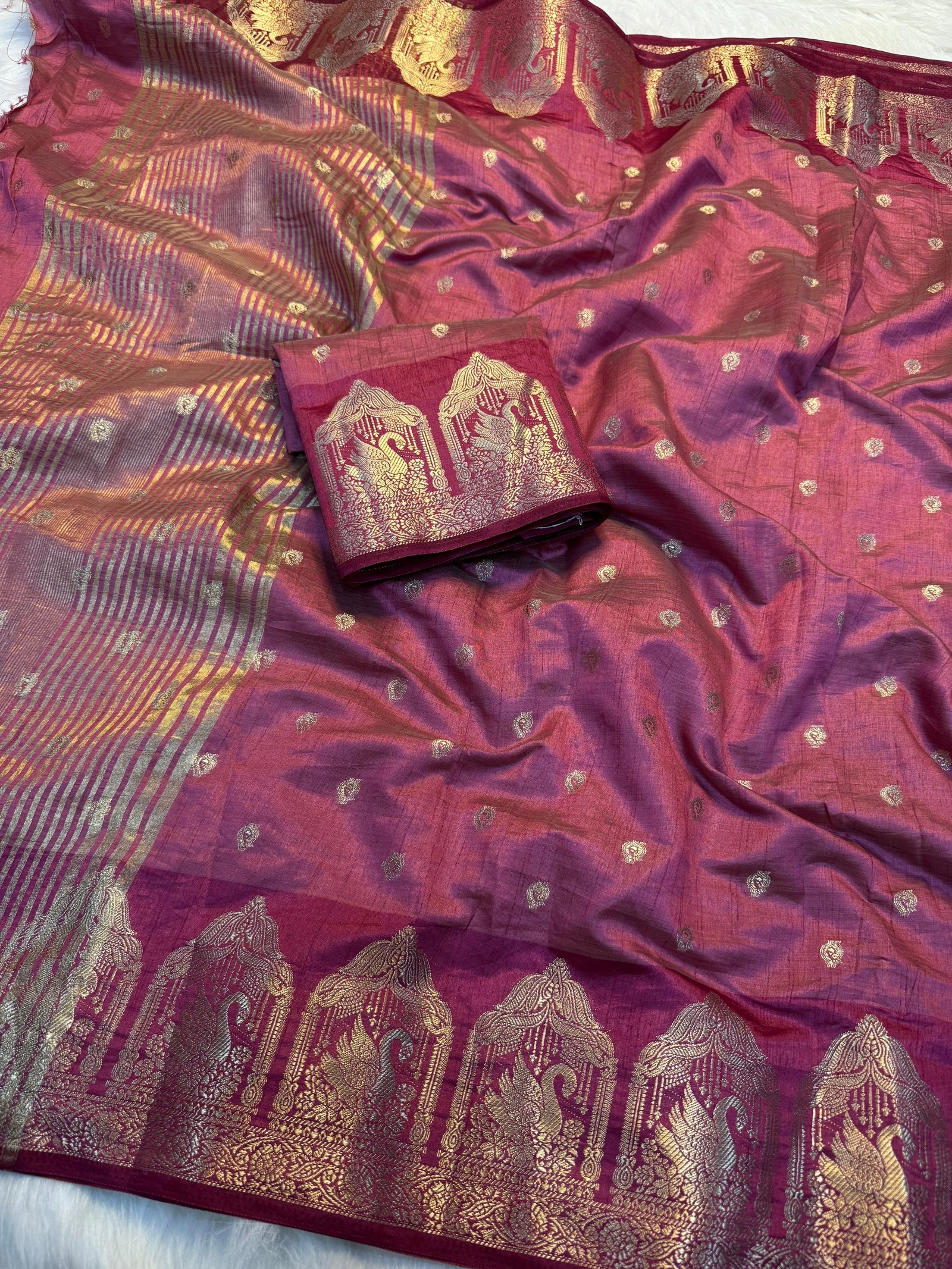 Elegant Soft Tussar Silk Saree with Traditional Swan Motif Zari Border & Contrast Pallu