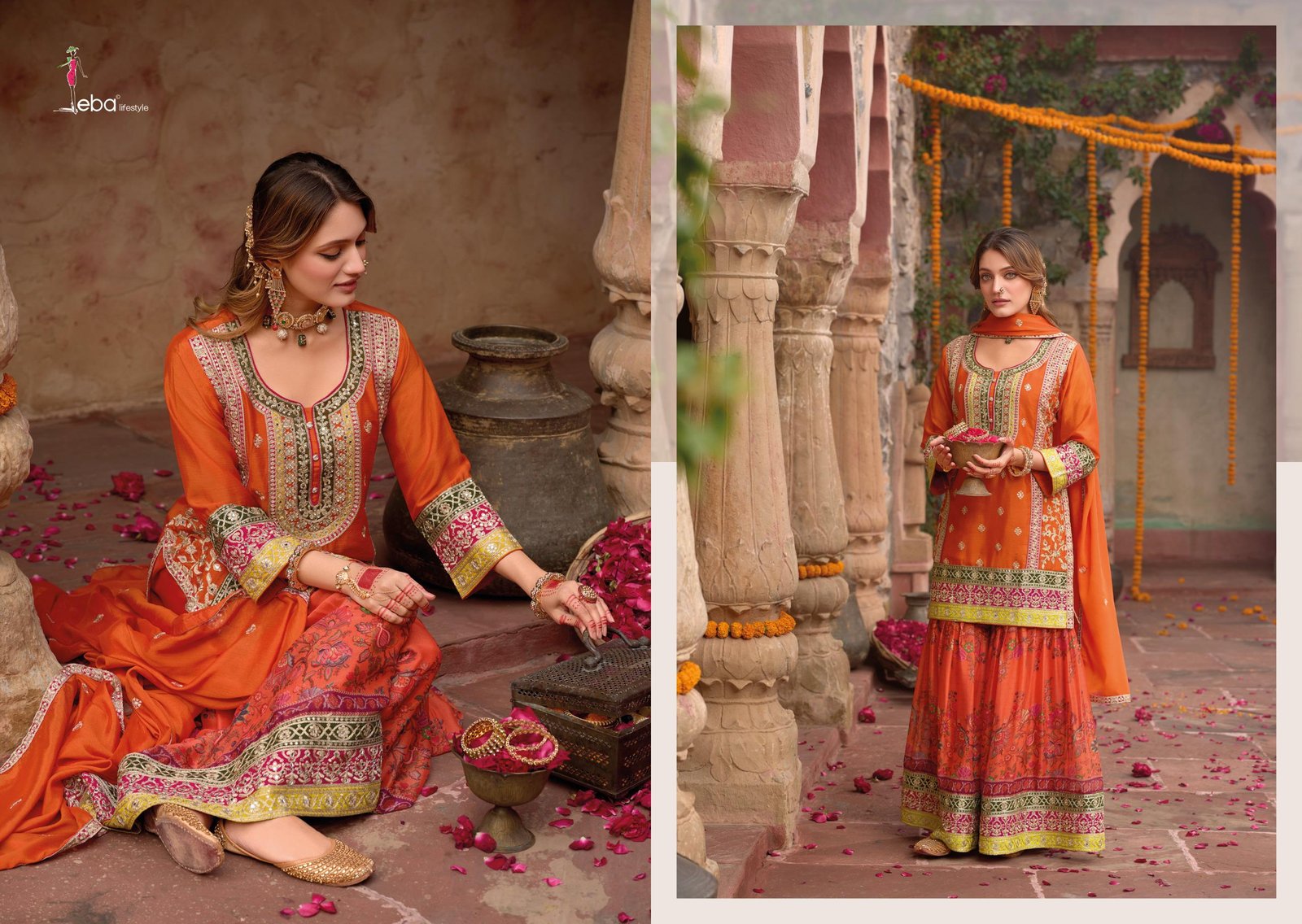 RF Eba Lifestyle Heavy Chinon Silk Sharara Suit Set with Intricate Embroidery & Digital Print