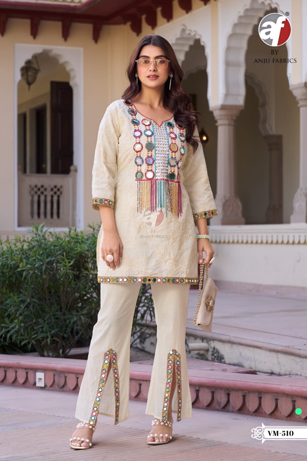 R.F Anju Fabrics Luxury Pure Cotton Designer Co-Ord Set with Handcrafted Mirror & Bead Work