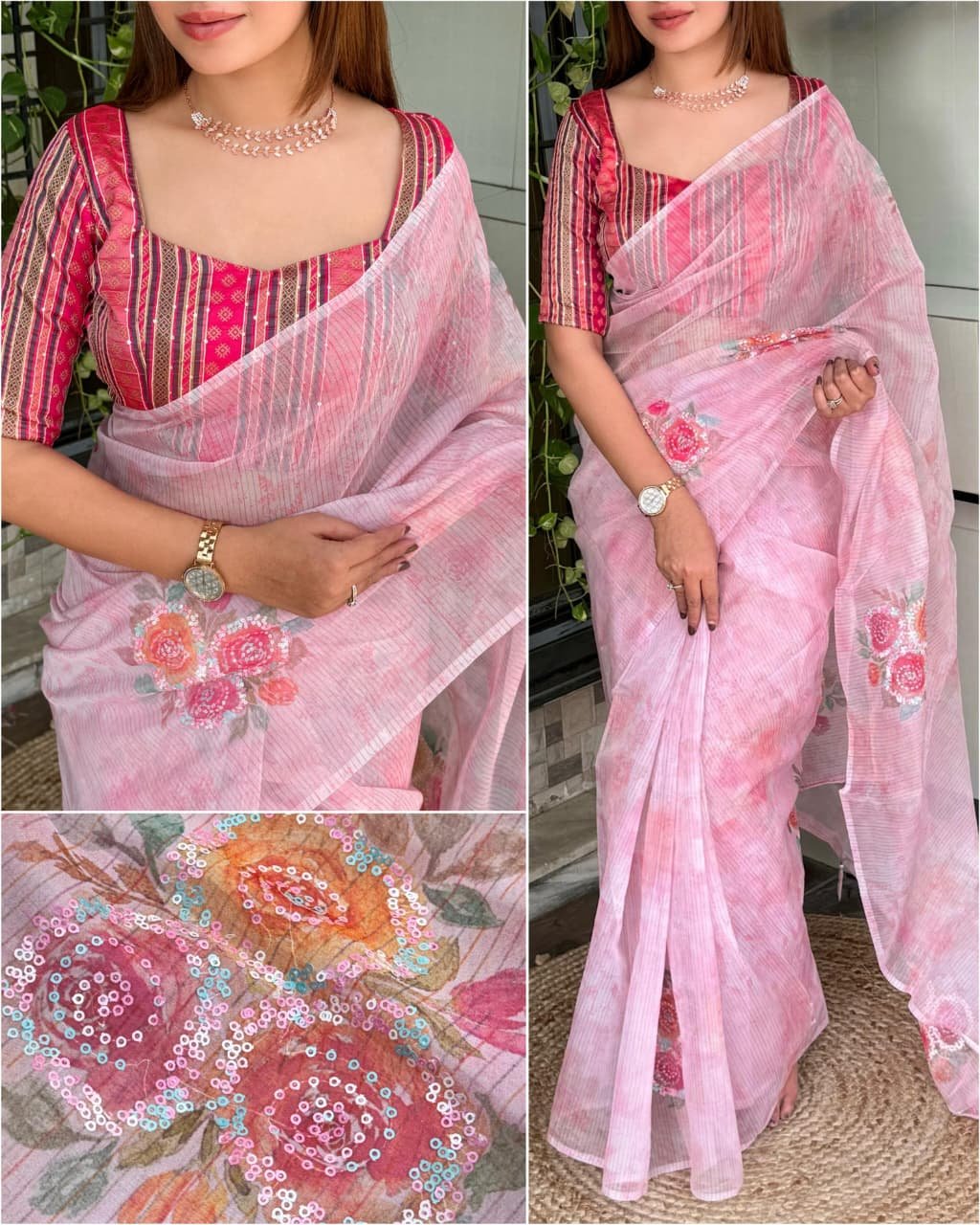 ILF Soft Organza Saree with 3D Floral Prints, Sequin Handwork & Minakari Blouse