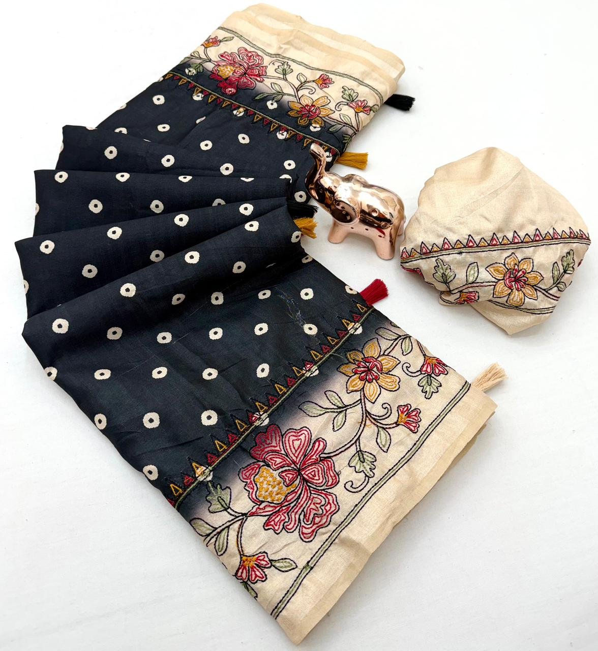 A.F Handloom Tussar Silk Saree with Traditional Kantha Stitch & Tassels