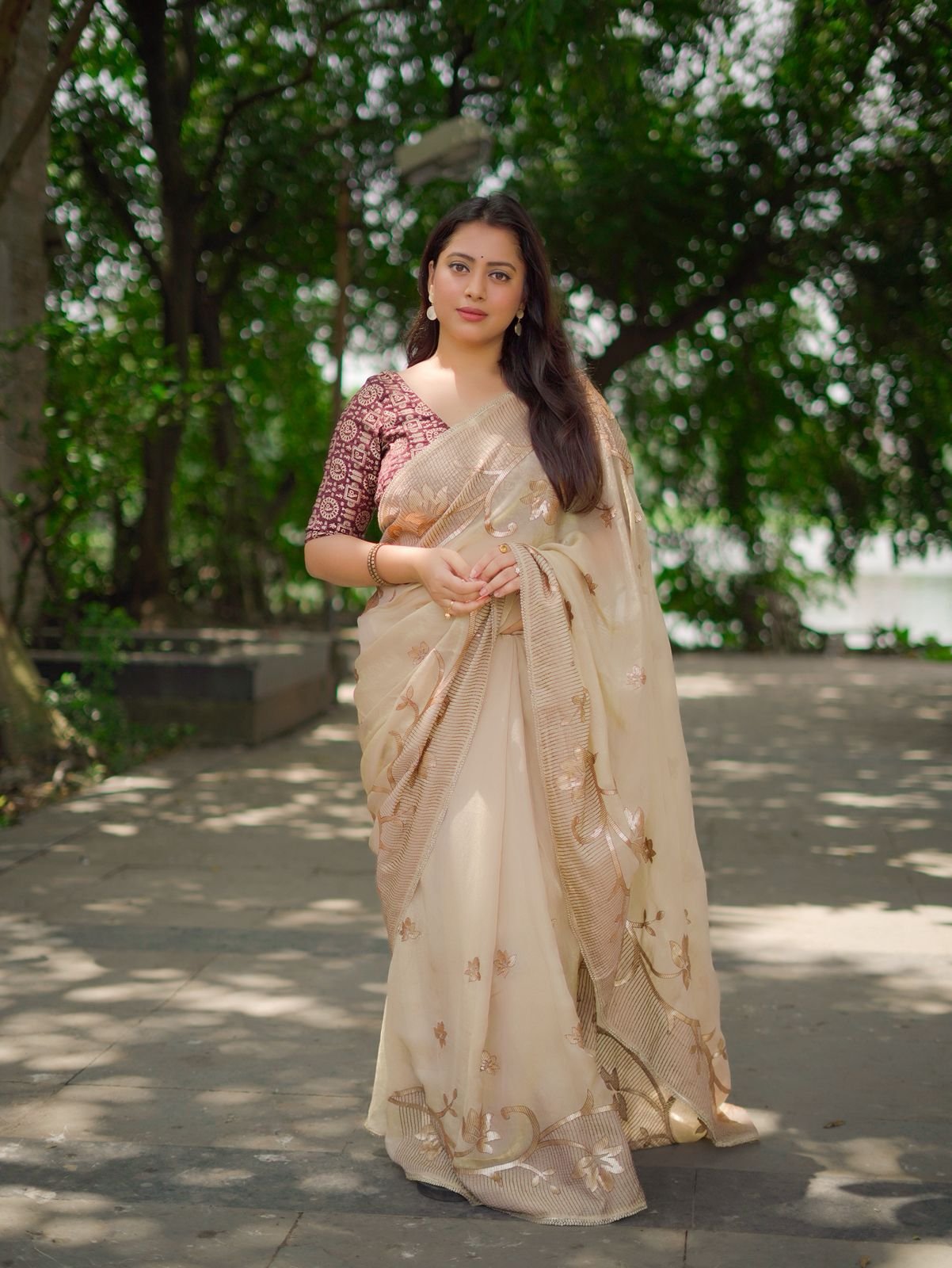 ILF Bollywood Edition Goldish Beige Satin Georgette Saree with Sequin C-Pallu & Contrast Coffee Blouse