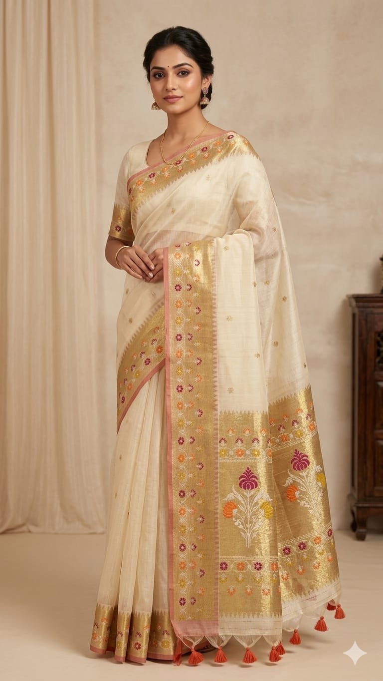ILF Soft Silk Saree with Rich Golden Zari & Traditional Jamdani Floral Motifs