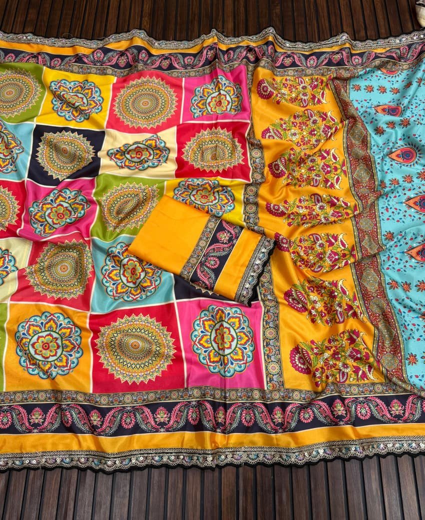 ILF Pure Crepe Silk Georgette Saree with UHD Digital Prints & Sequin Cut-Work Border