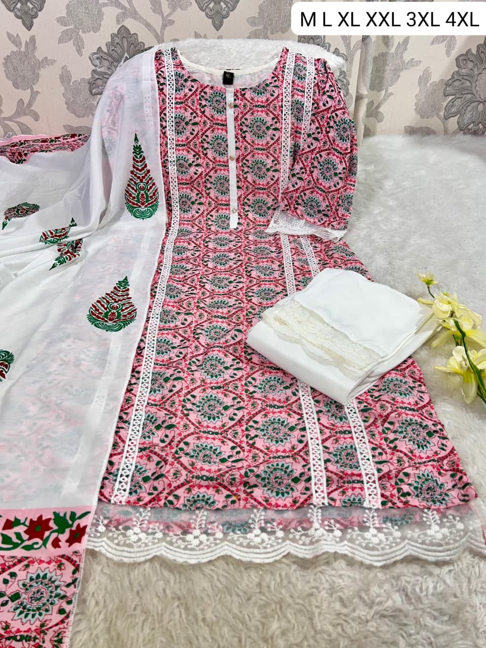 Muslin Silk A-Line Kurti Set with Pant & Dupatta