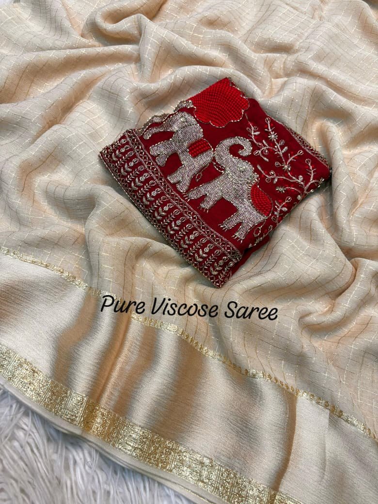 ILF Chex Elephant Edition – Pure Viscose Georgette Saree with Woven Checks & Handcrafted Elephant Beadwork Blouse