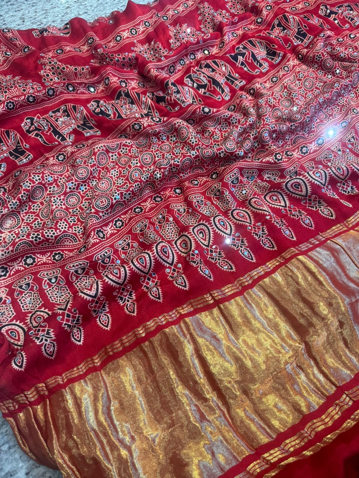 ILF Pure Gajji Silk Hand Bandhej Saree with Original Lagdi Patta & Gota Patti Mirror Work