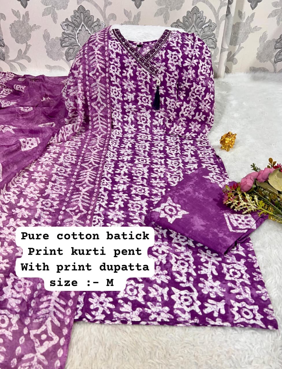 Pure Cotton V-Neck Batik Print Kurti Pant Set 