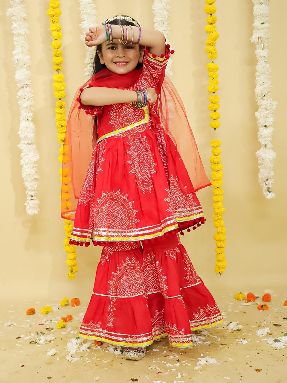 Girls Festive Bandhej Peplum Kurta Sharara Set