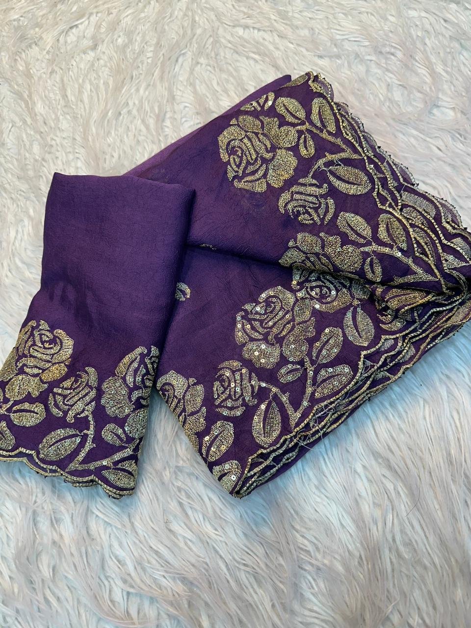 ILF Rose Radiance: Crush Silk Saree with Sequin Floral Embroidery