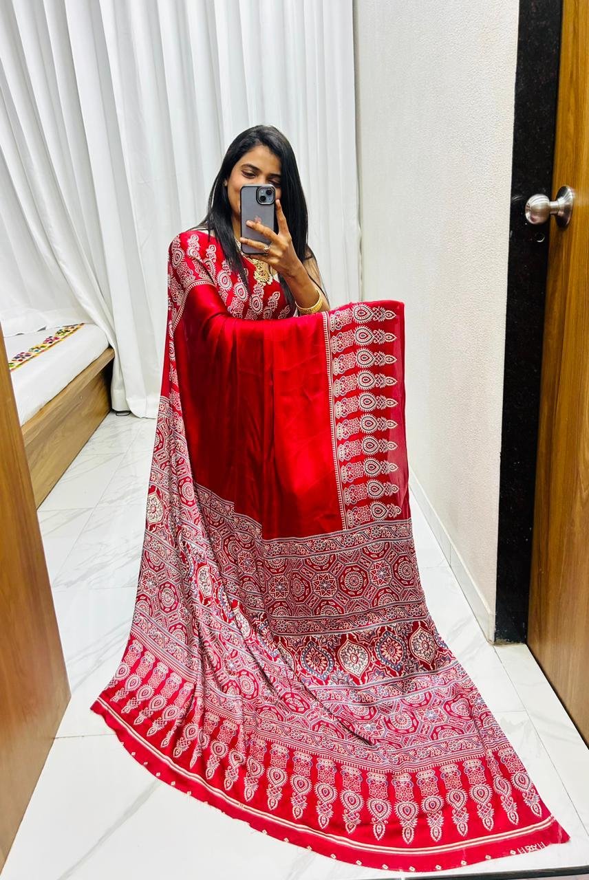 ILZ Premium Semi Gajji Silk Ajrakh Print Saree with Traditional Bandhej & Lagdi Patta