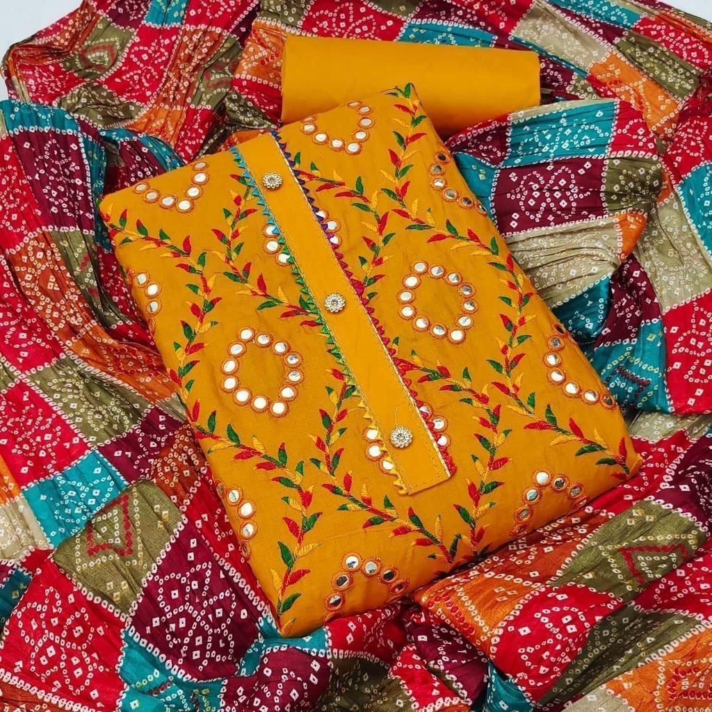 FBS Vibrant Bandhani Fusion Mirror-Work Cotton Dress Material