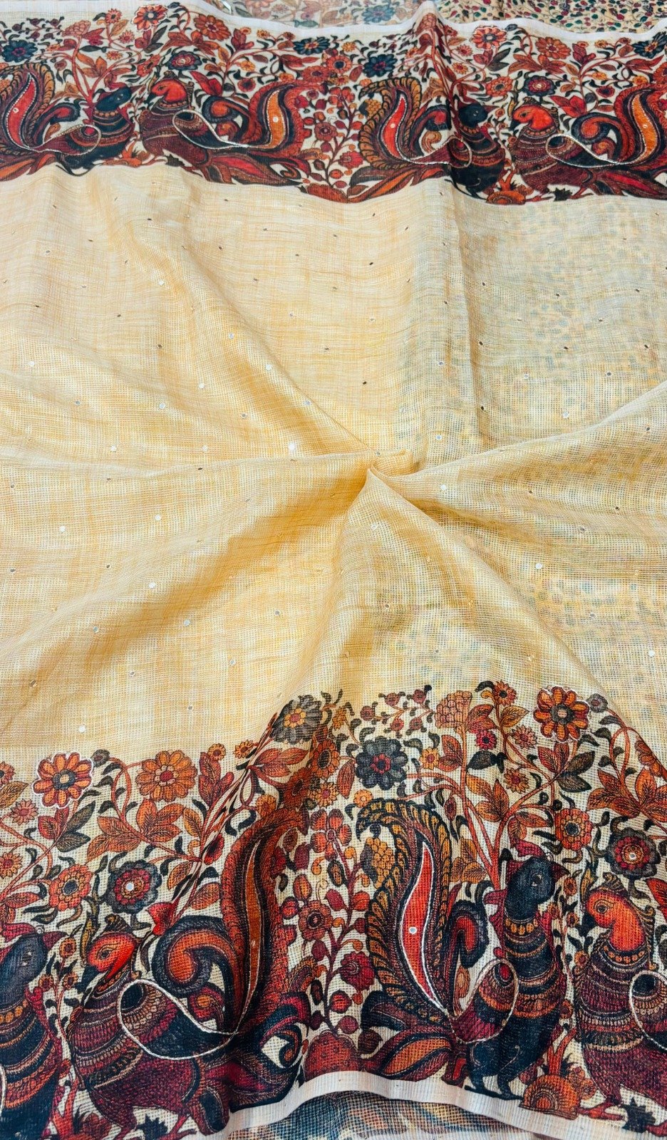 HBC Elegant Linen Silk Saree with Handcrafted Aari Mirror Work