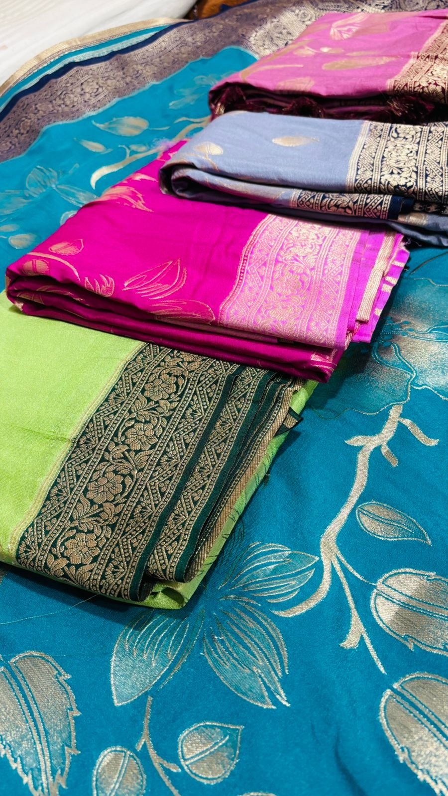 BHC Graceful Teal Georgette Silk Saree with Banarasi Weave & Floral Art