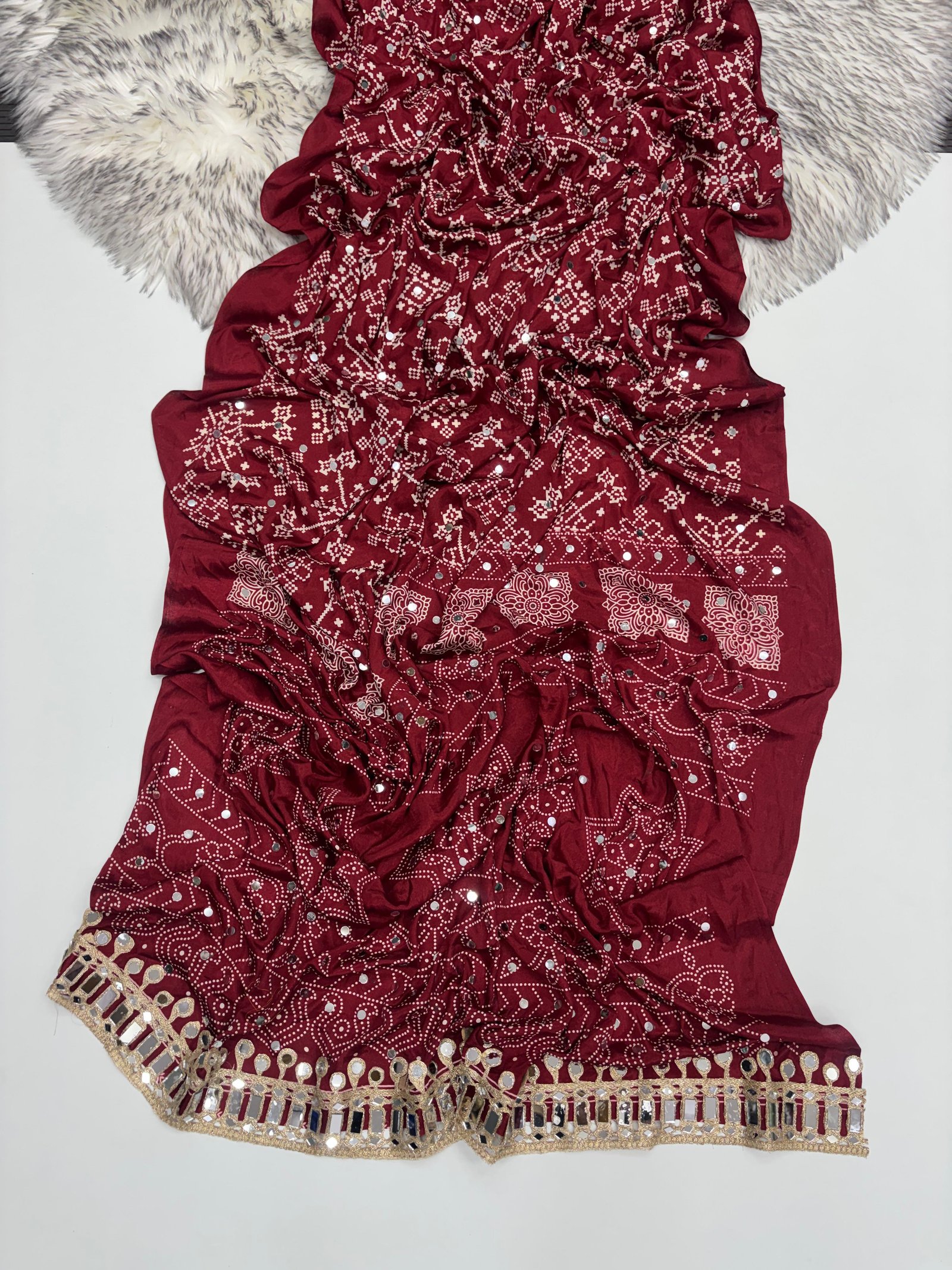 Pure Satin Silk Mirror Work Printed Designer Saree 