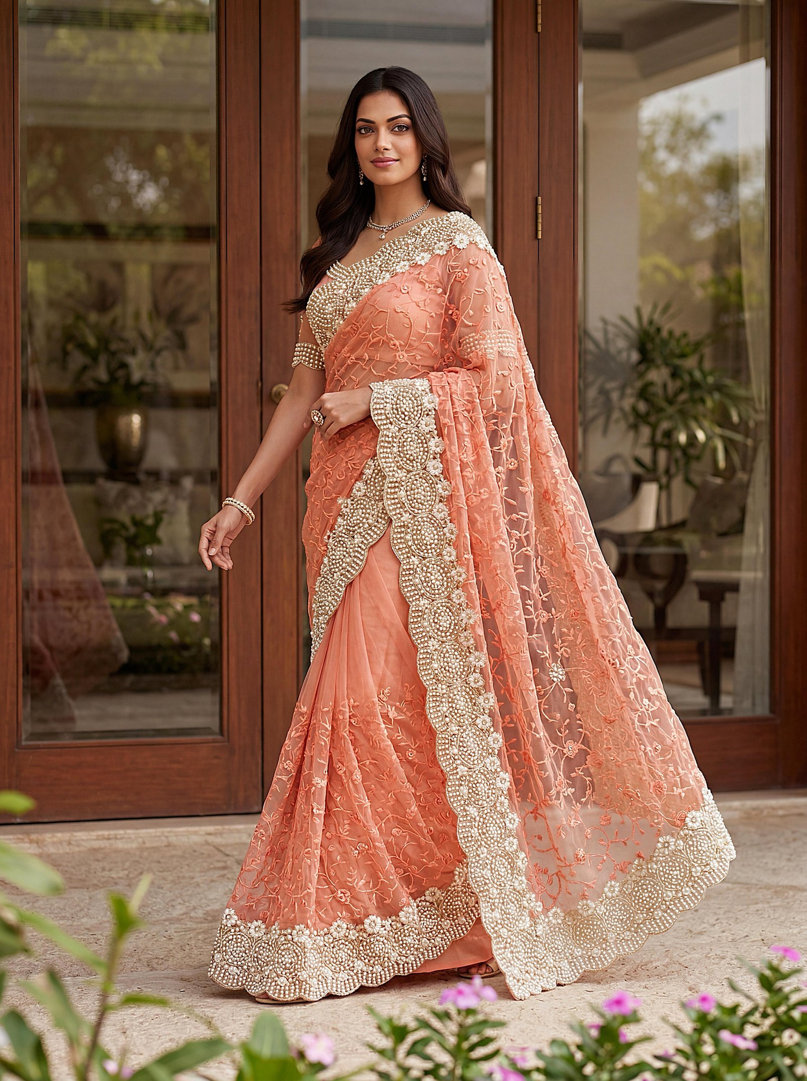 FBS  Exquisite Net Embroidery Saree with Pearl & Diamond Work