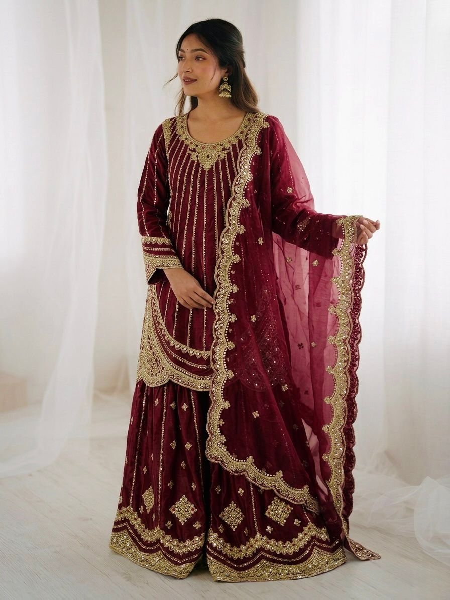 FBS Premium Fendy Silk Sharara Set with Scalloped Embroidery