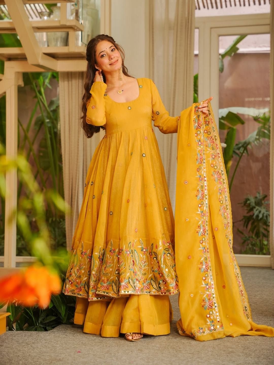Designer Crunchy Silk Anarkali Kurti with Plazo & Dupatta Set 