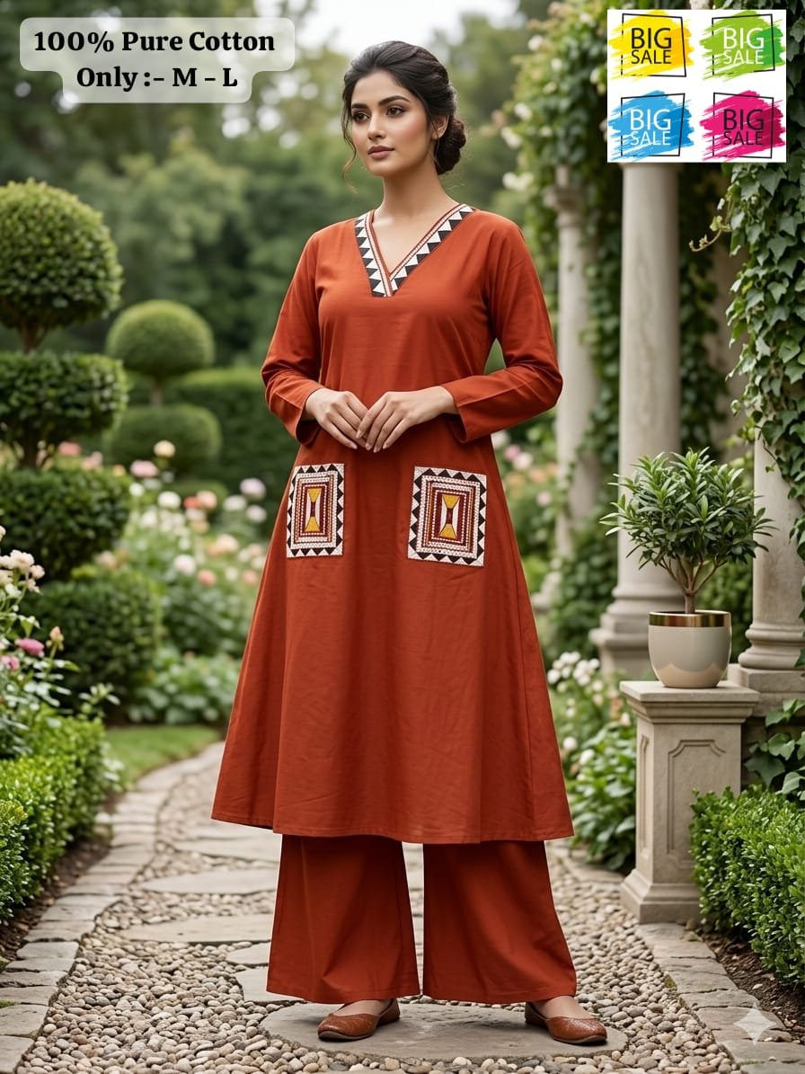 Pure Cotton Embroidered Kurti with Plazzo Set 