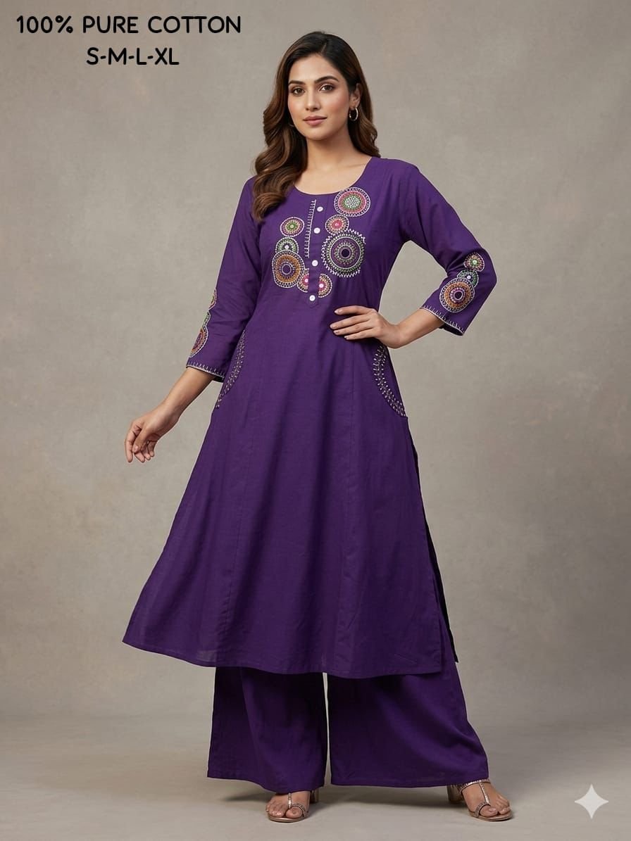 Pure Cotton Princess A-Line Kurti with Full Plazzo Set 