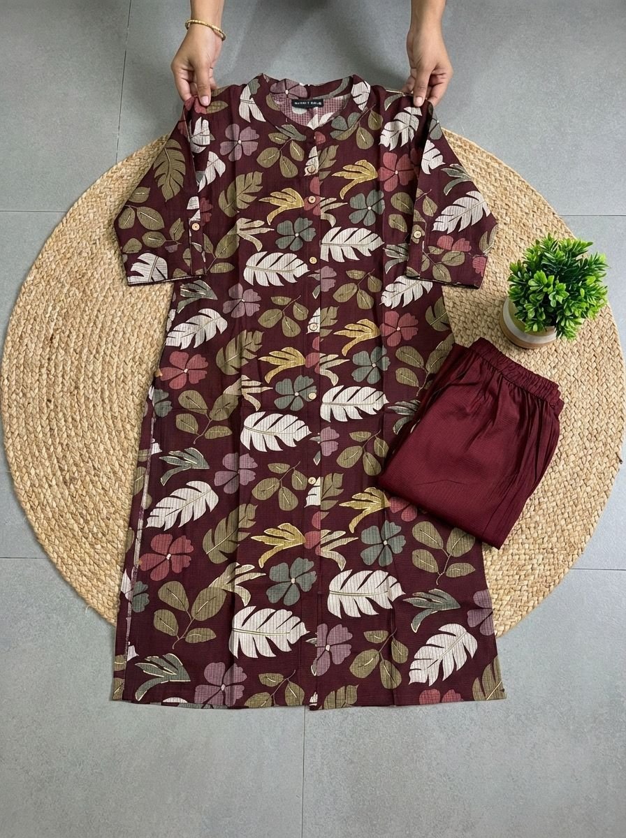 Premium Bamboo Cotton Floral Kurta Set with Discharge Foil Work