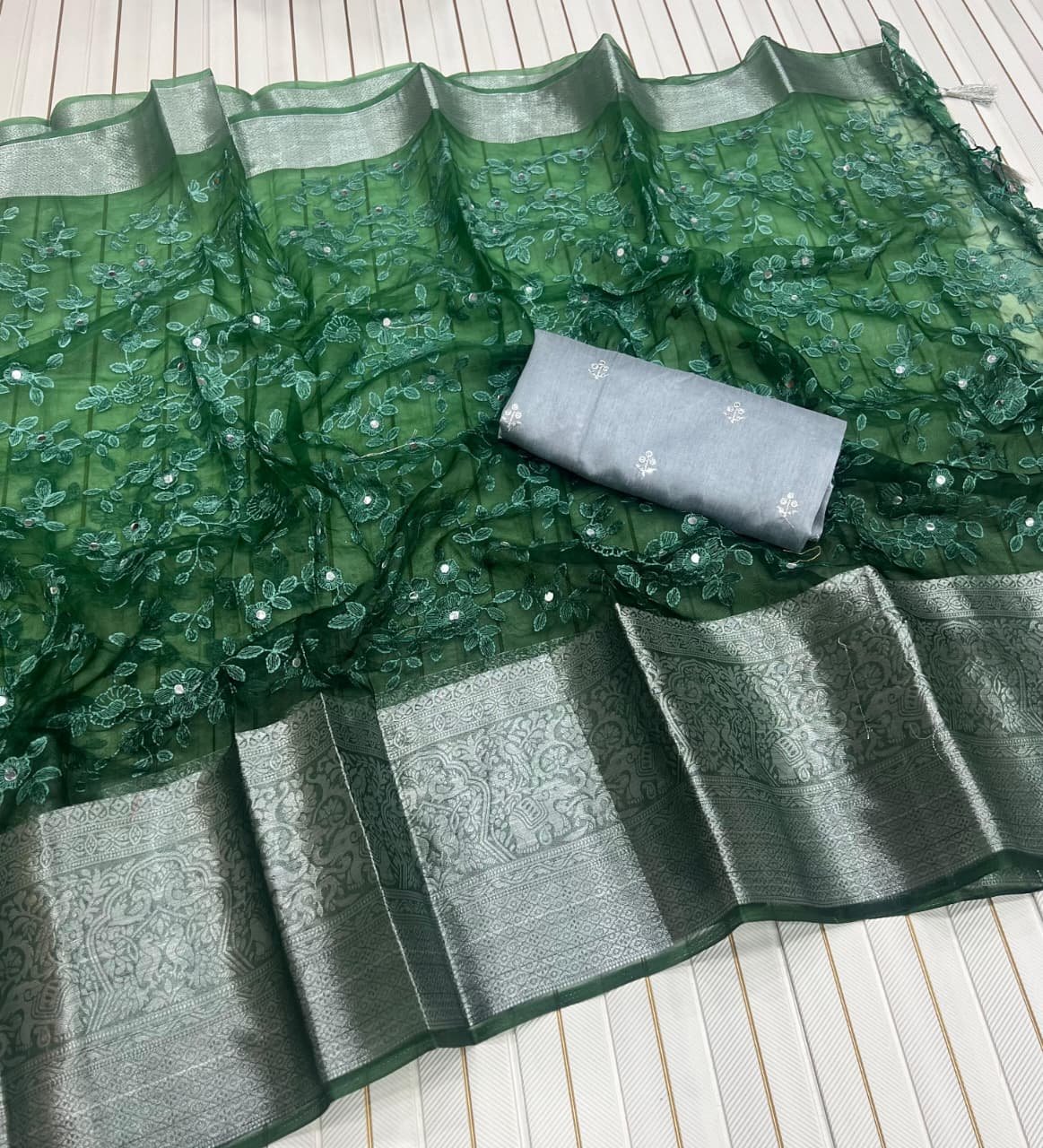 Designer Organza Silk Saree with Floral Embroidery & Real Mirror Work