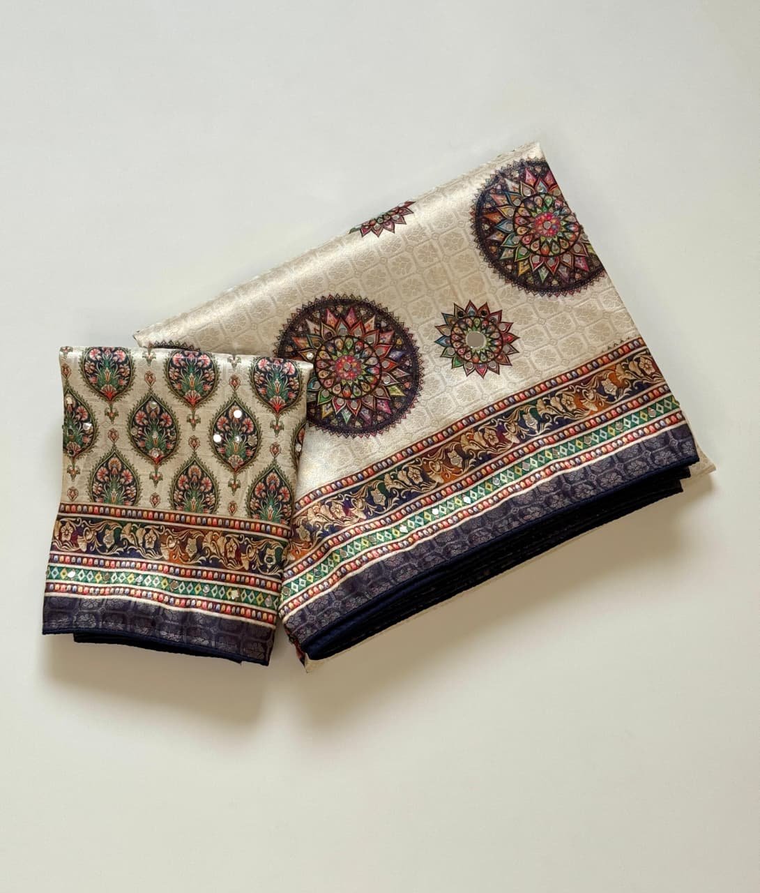 Pure Soft Dola Silk Saree with Digital Mandala Prints & Original Mirror Work