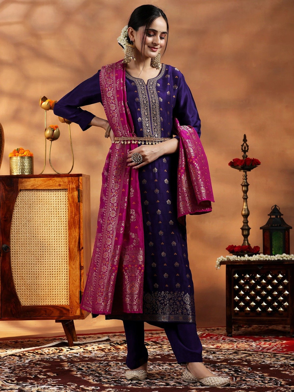 Premium Violet Wooglee Art Silk Suit with Jacquard Weaving