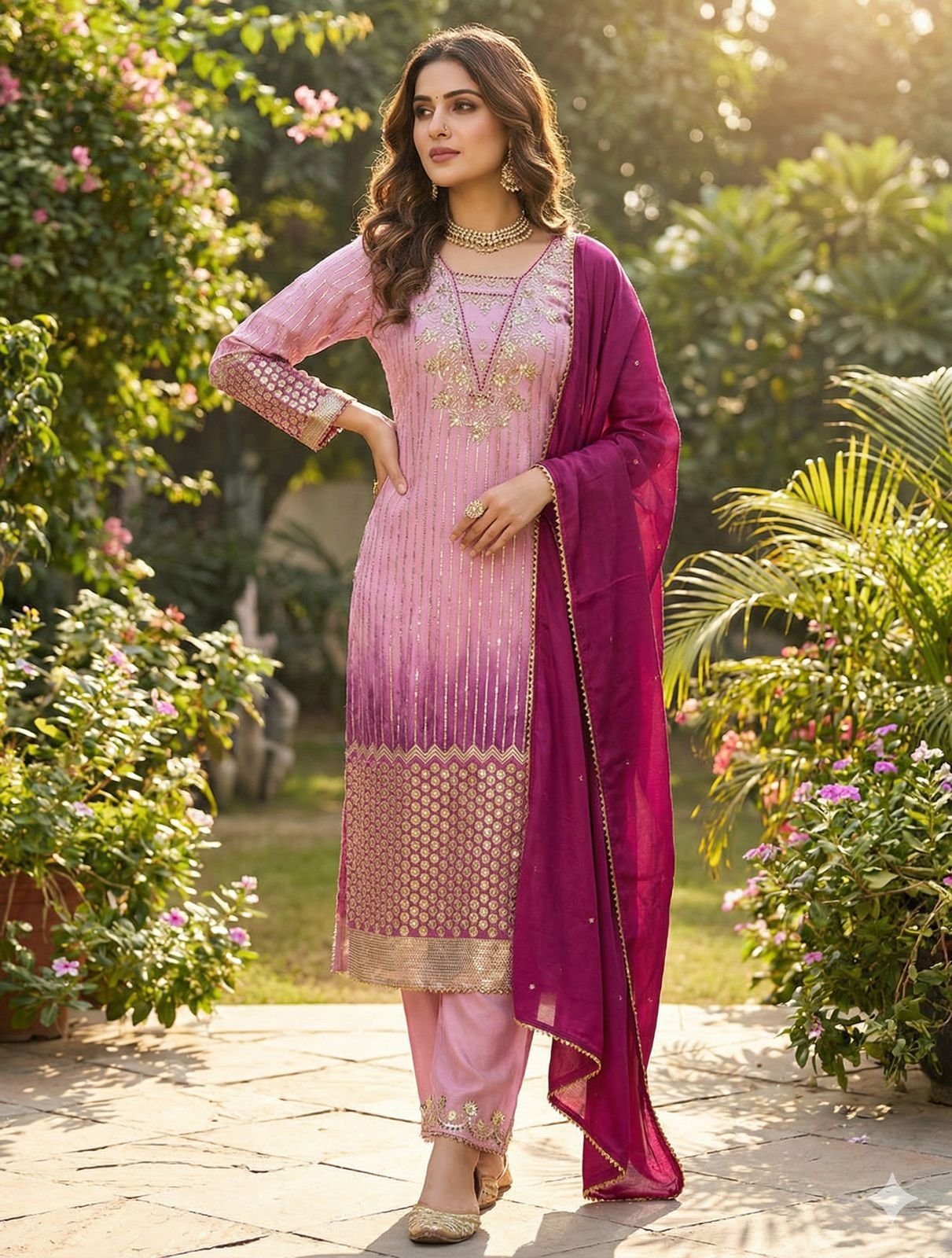 Designer Chinon Silk Salwar Suit with Sequin Embroidery & Samosa Lace