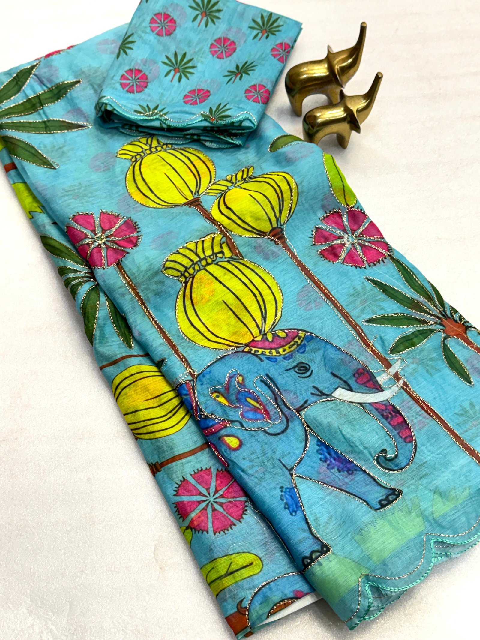 Soft Chanderi Cotton Saree with Floral Digital Prints & Hand-Finished Aari Work