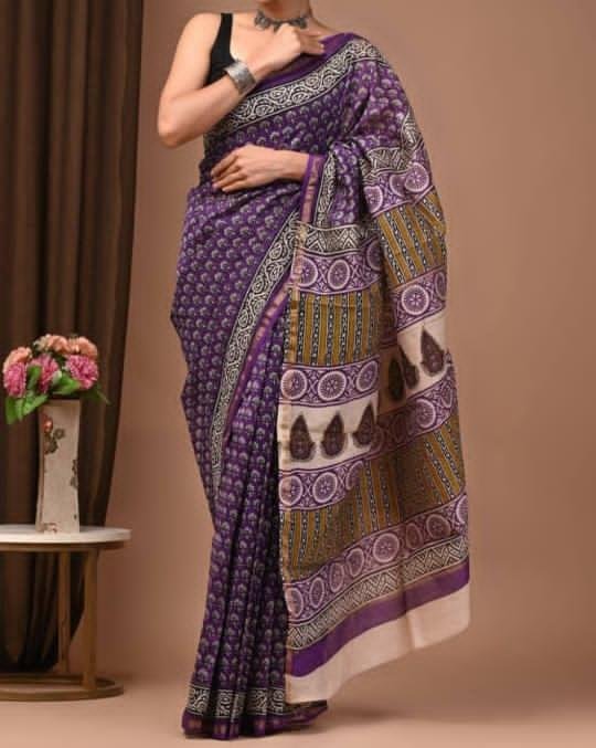 Exquisite Soft Chanderi Cotton Saree with Traditional Gold Jari Border & Vibrant Digital Prints