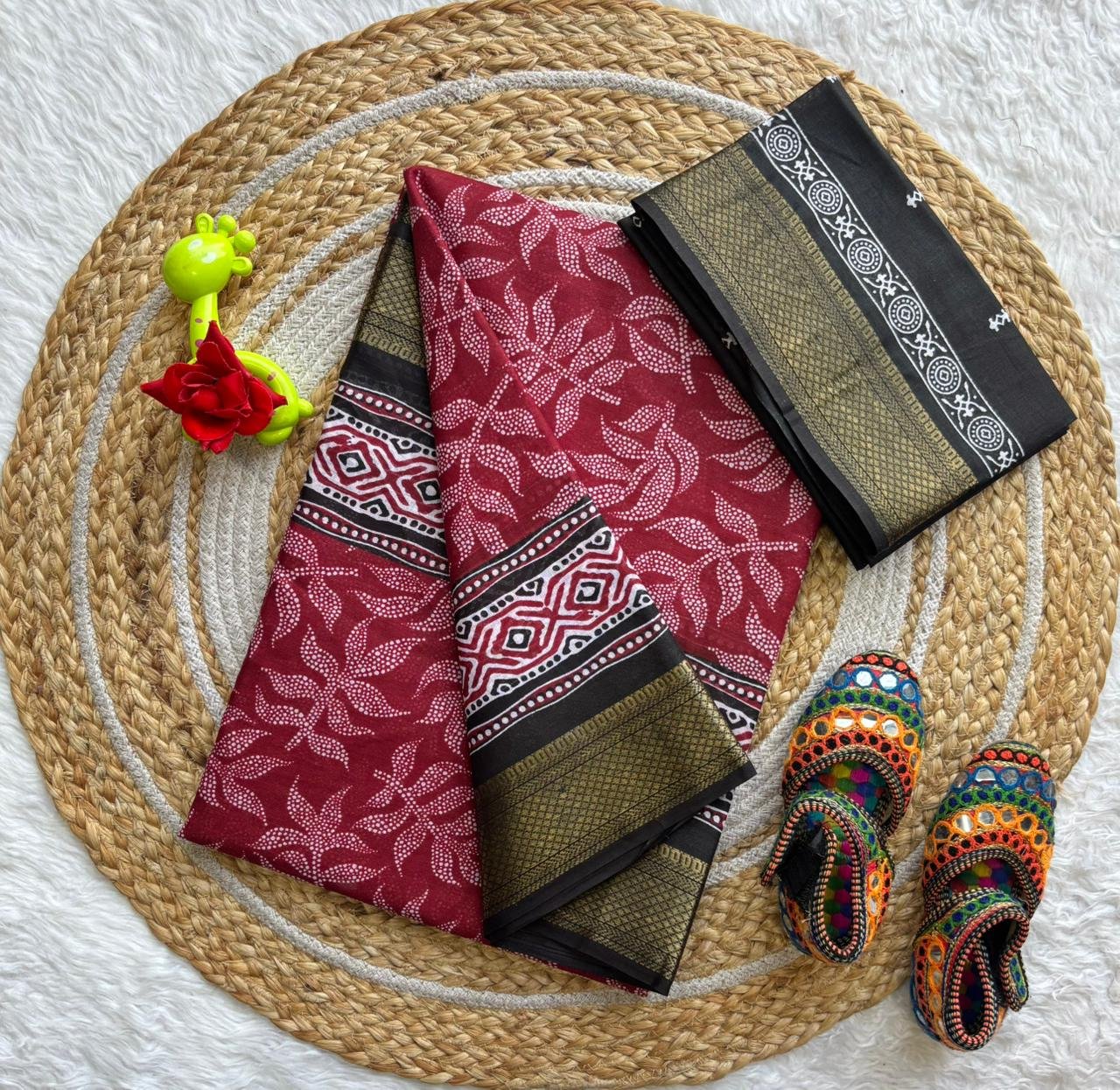 Premium Mal Cotton Saree with Traditional Chatai Border & Elegant Geometric Digital Prints