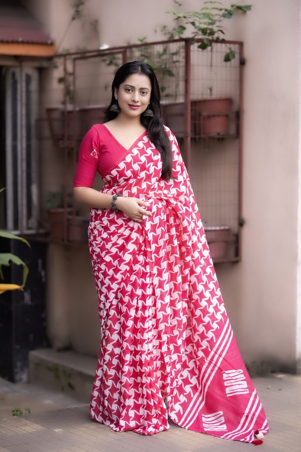Premium Pure Chanderi Cotton Saree with Authentic Handblock Batik Prints & Tassel Detail