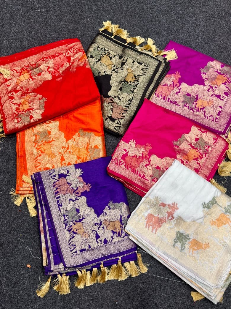 Premium Banarasi Khadi Silk Saree with Pichwai-Inspired Meenakari Border