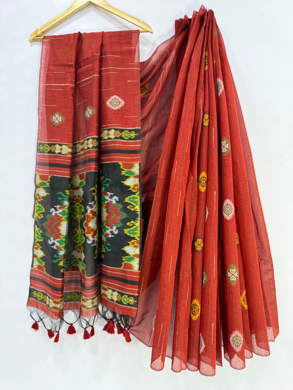 Premium Ikkat Cotton Saree with Traditional Weaving & Tassels