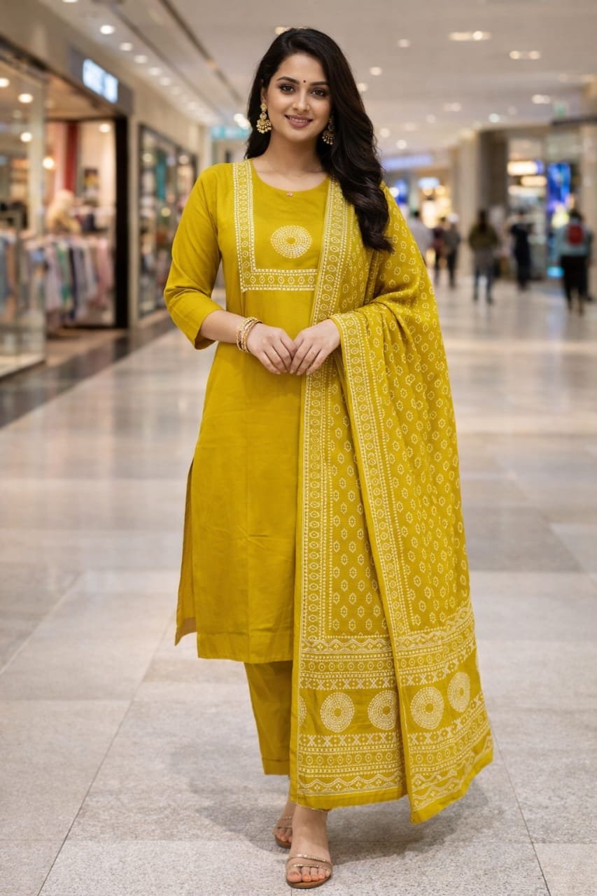 Jaipuri Cotton Kurti Pant Set with Mul Cotton Dupatta 