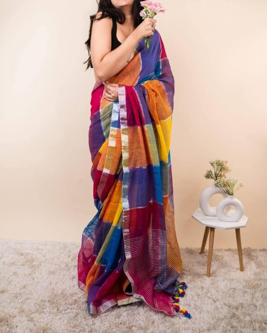 Premium Handloom Pure Khadi Cotton Saree | Designer Check-Box Pattern with Silver Border
