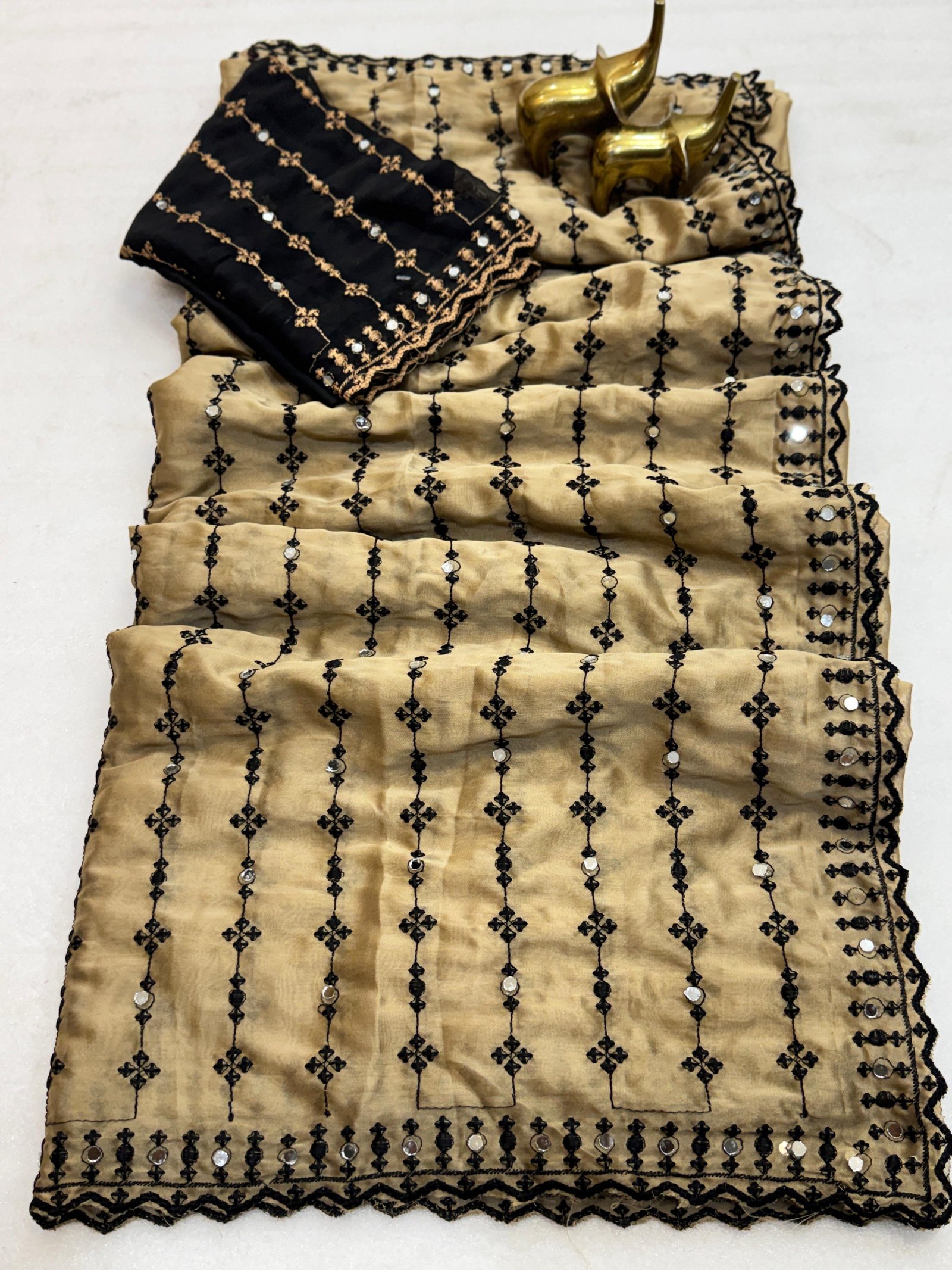 Rangoli Silk Mirror-Work Saree with C-Pallu Cut-Work Border