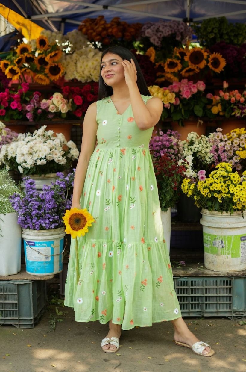 Elegant Floral Embroidered Chanderi Cotton Sleeveless Maxi Dress (Design Y222)