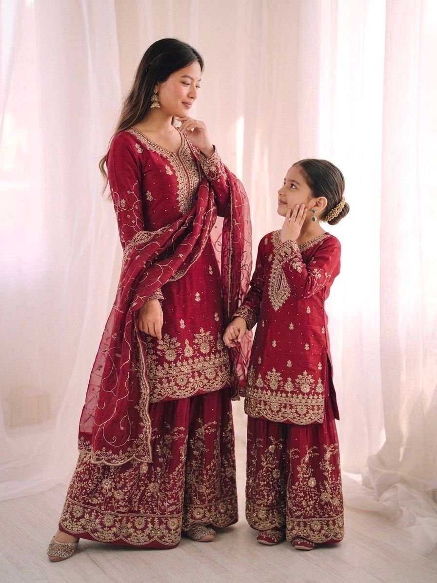 GMY Silk Embroidered Mother and Daughter Combo Set