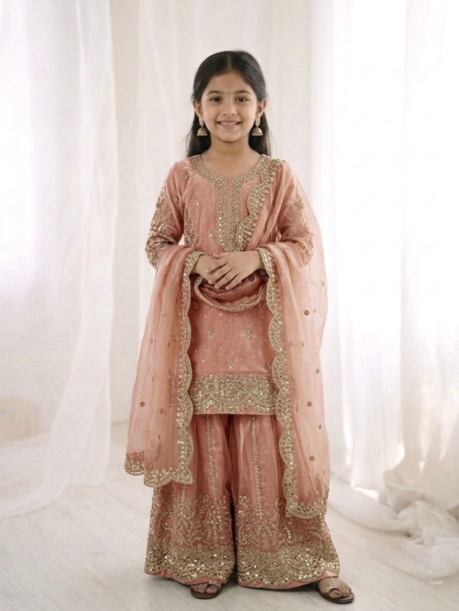 Kid's Designer Fendy Silk Sharara Set with Embroidery Work