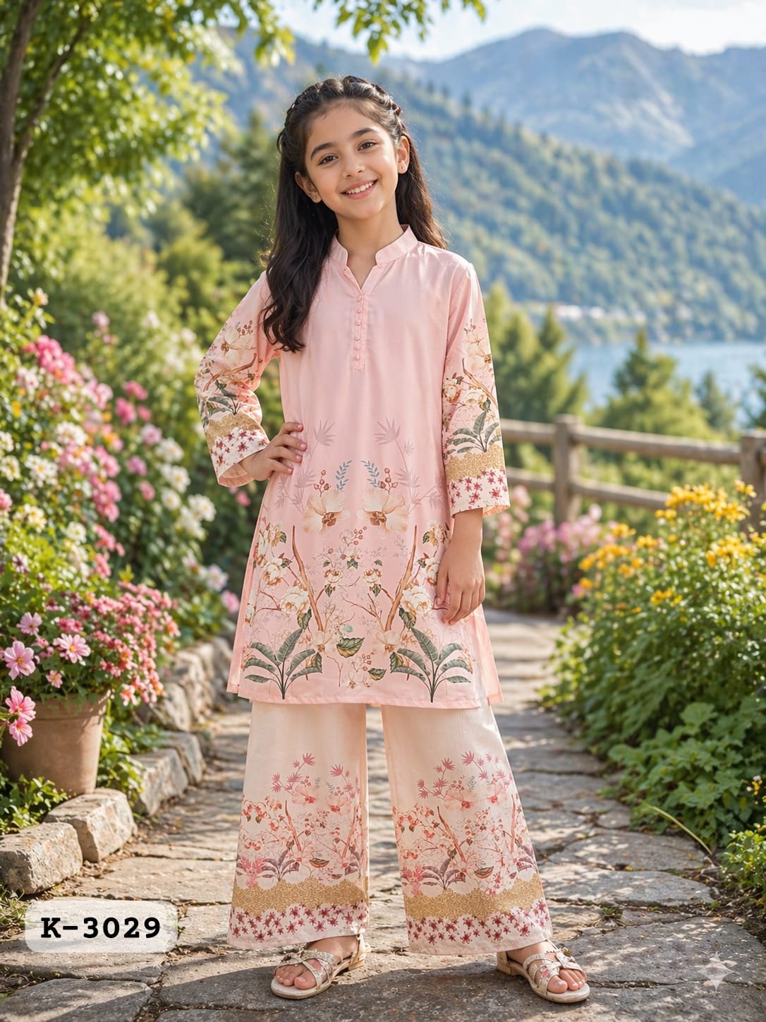 Kids Designer Floral Printed Mal Satin Kurta & Palazzo Set