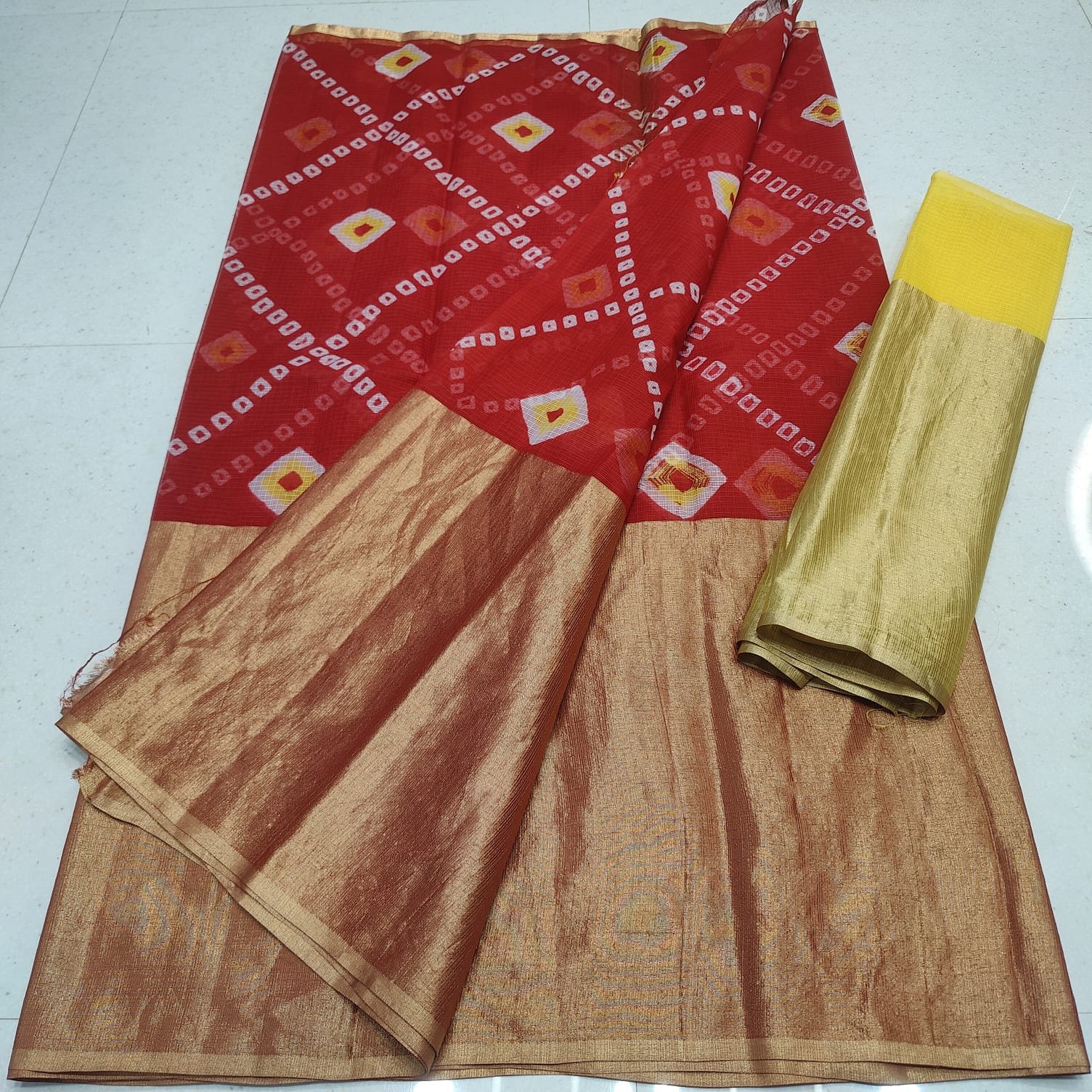 Kota Doria Pure Cotton Half-Tissue Bandhani Saree
