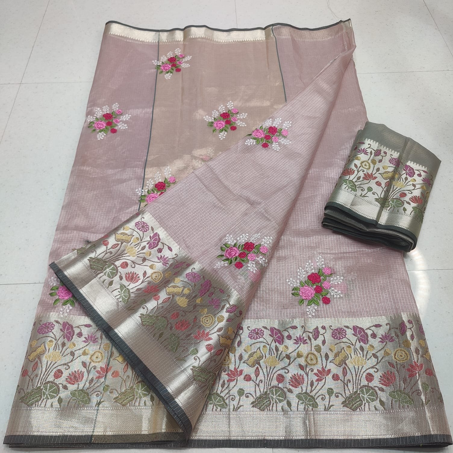 Premium Kota Doria Tissue Weaving Embroidery Saree