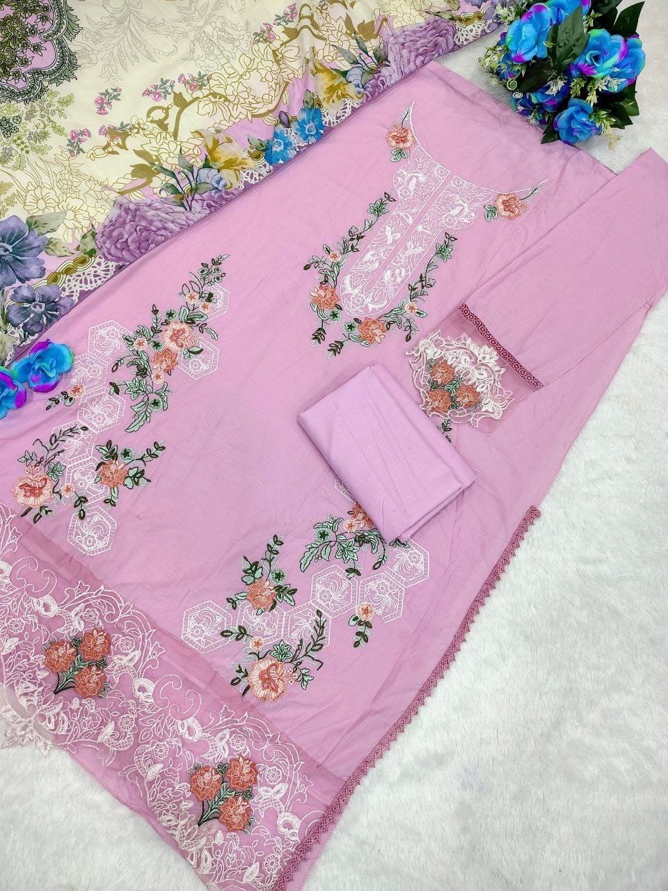 Heavy Cotton Embroidery & Digital Print Suit Set