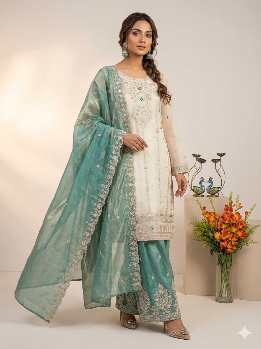 Ethereal Majesty: Frendy Silk Embroidered Top & Palazzo Set