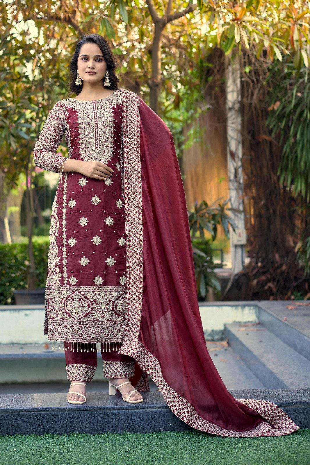 Royal Maroon: Pure GMY Silk Heavy Embroidery & Sequence Suit Set