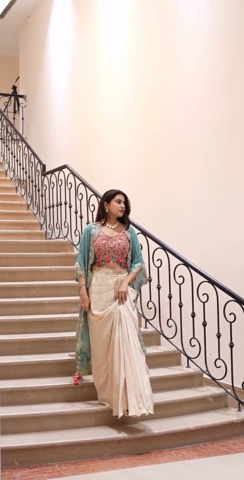 Indo-Western Fusion: Chinon Shrug & Draped Skirt Three-Piece Set