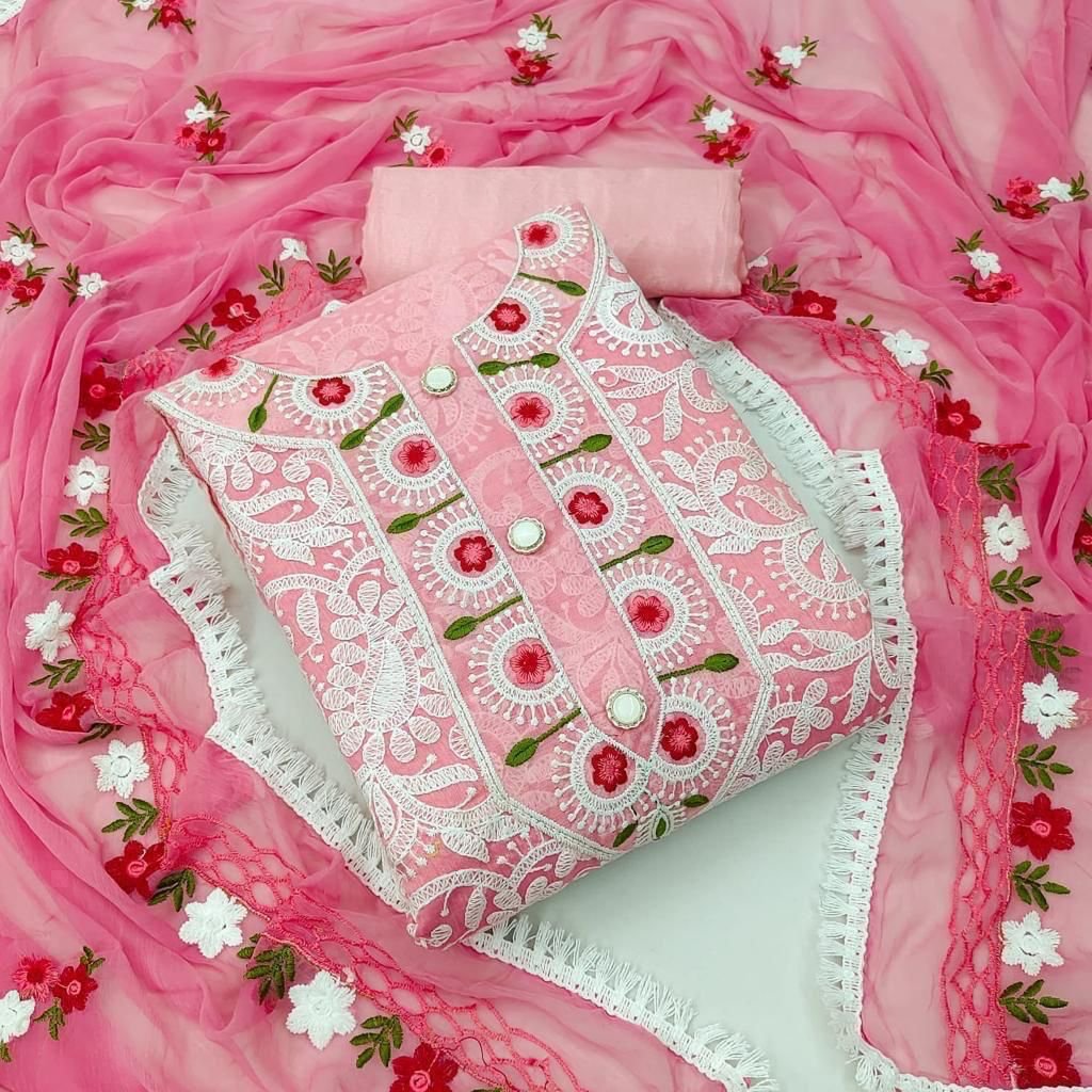 Blossom Bloom: Chanderi Embroidery Dress Material Set