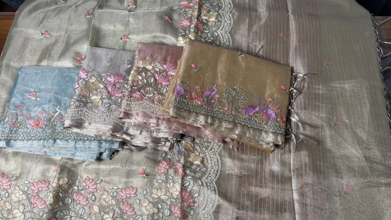 Elegant Diamond Tissue Silk Saree with Intricate Resham Embroidery and Scalloped Borders